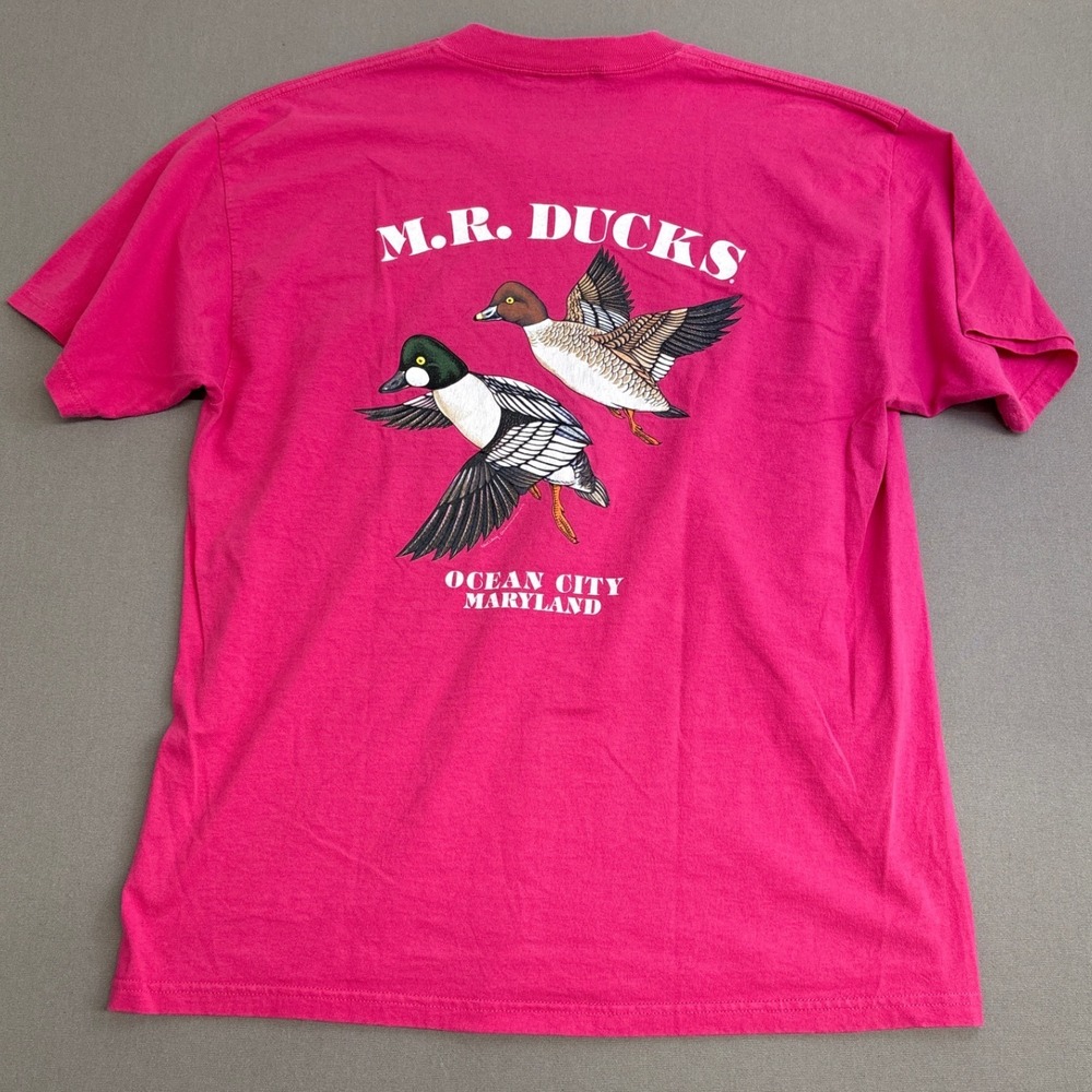 Vintage 1995 MR Ducks Ocean City Maryland Pink Graphic T-Shirt Mens XL Cotton